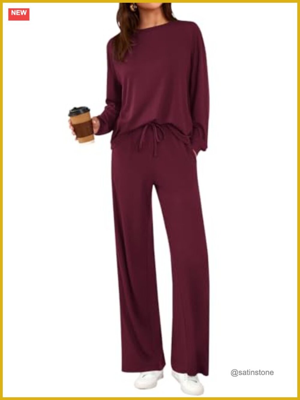Women's 2 Piece Lounge Sets Crewneck Long Sleeve Wide Leg Drawstring Pants